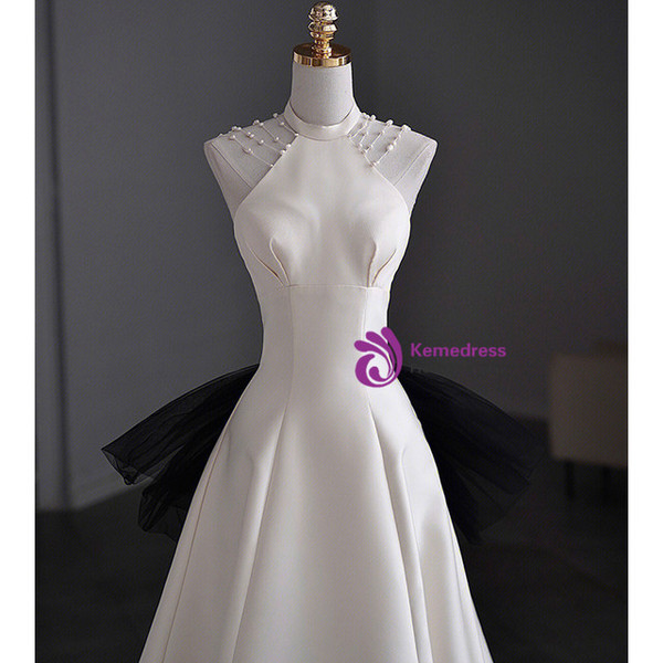 White Satin Halter Backless Pearls Wedding Dress