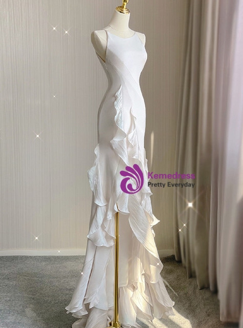 Beige White Sheath Straps Backless Wedding Dress