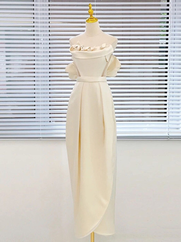 Champagne Satin Strapless 3D Flower Wedding Dress