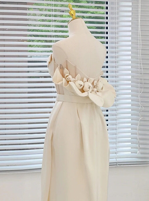 Champagne Satin Strapless 3D Flower Wedding Dress