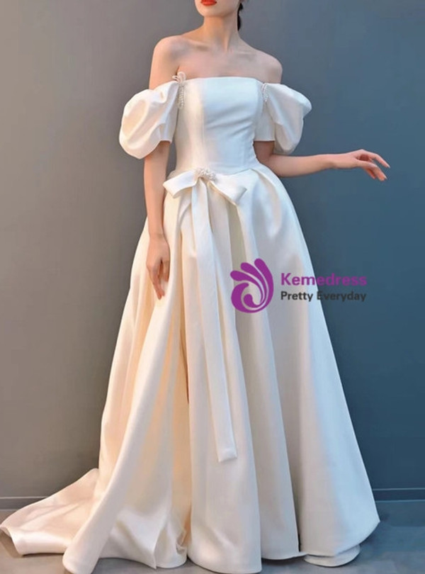 White Satin Off the Shoulder Pearls Wedding Dress