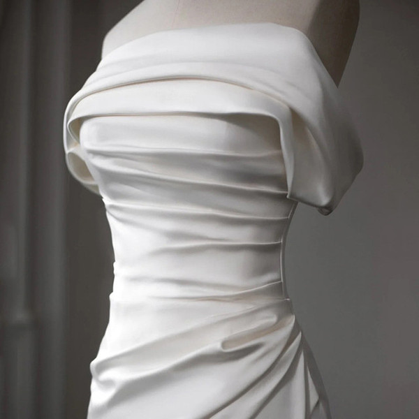Simple White Mermaid Satin Pleats Off the Shoulder Wedding Dress