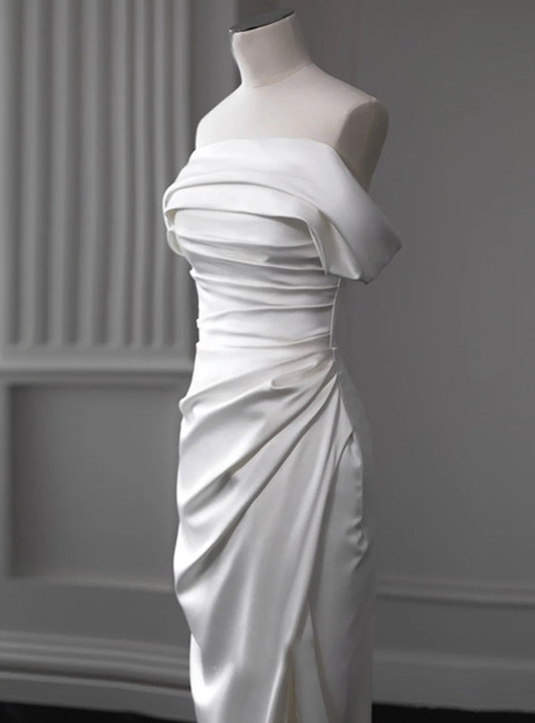Simple White Mermaid Satin Pleats Off the Shoulder Wedding Dress
