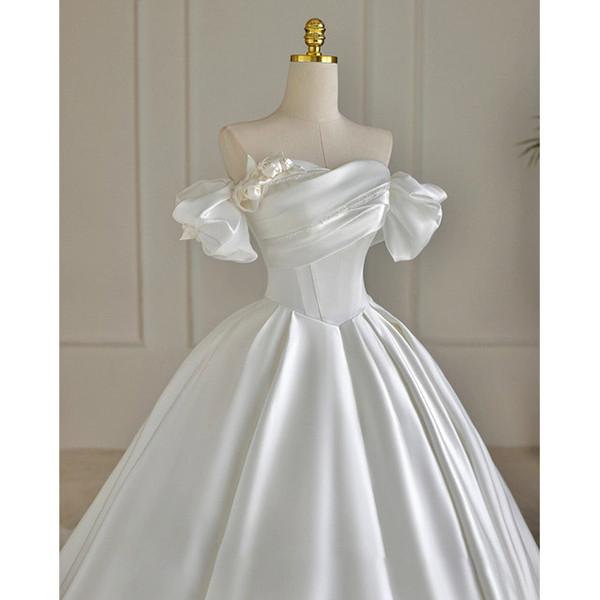 White Satin Beading Pleats Wedding Dress