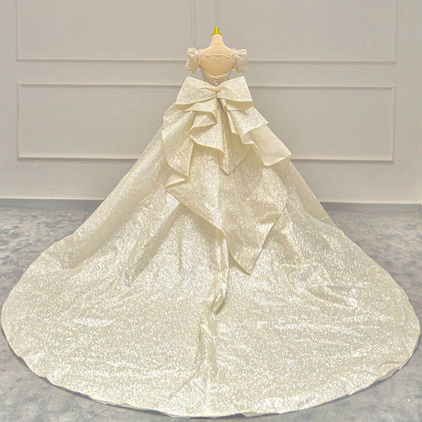 Champagne Sequins Puff Sleeve Beading Wedding Dress