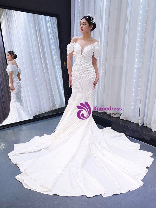 White Mermaid Satin Off the Shoulder Beading Pearls Wedding Dress