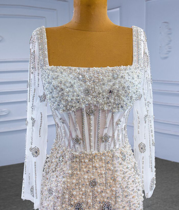 White Mermaid Tulle Long Sleeve Pearls Beading Wedding Dress