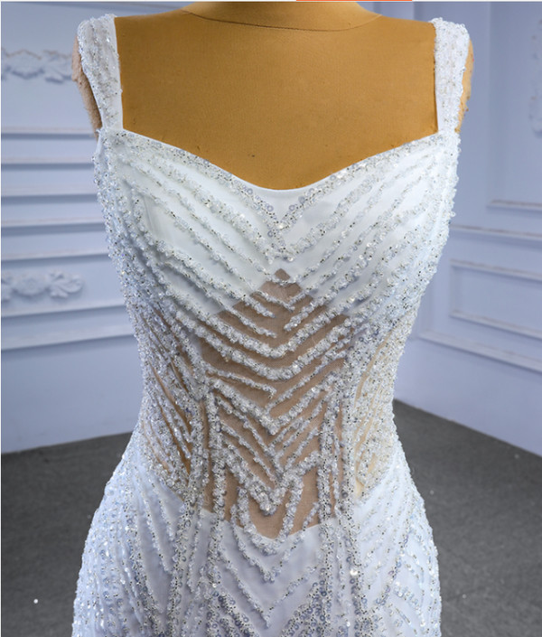 White Mermaid Straps Tulle Sequins Beading Wedding Dress