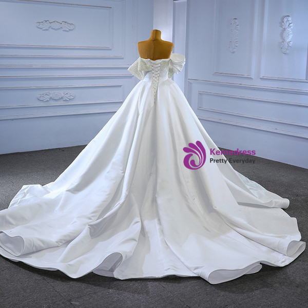White Satin Of the Shoulder Pleats Pearls Wedding Dress