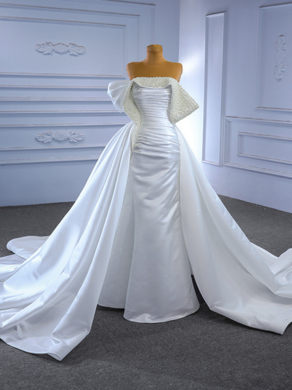 White Satin Of the Shoulder Pleats Pearls Wedding Dress