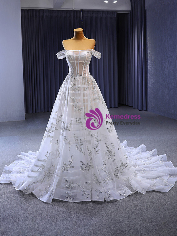 White Tulle Beading Sequins Off the Shoulder Wedding Dress