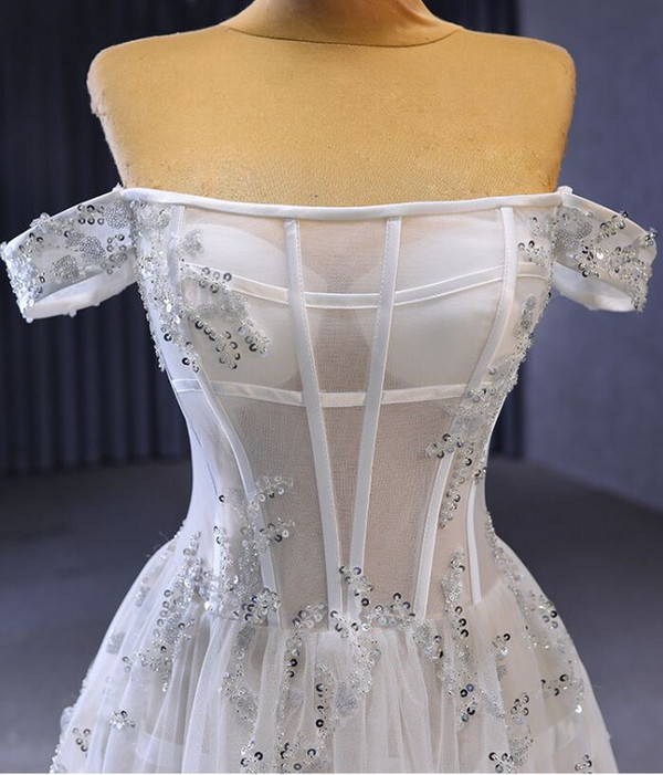 White Tulle Beading Sequins Off the Shoulder Wedding Dress