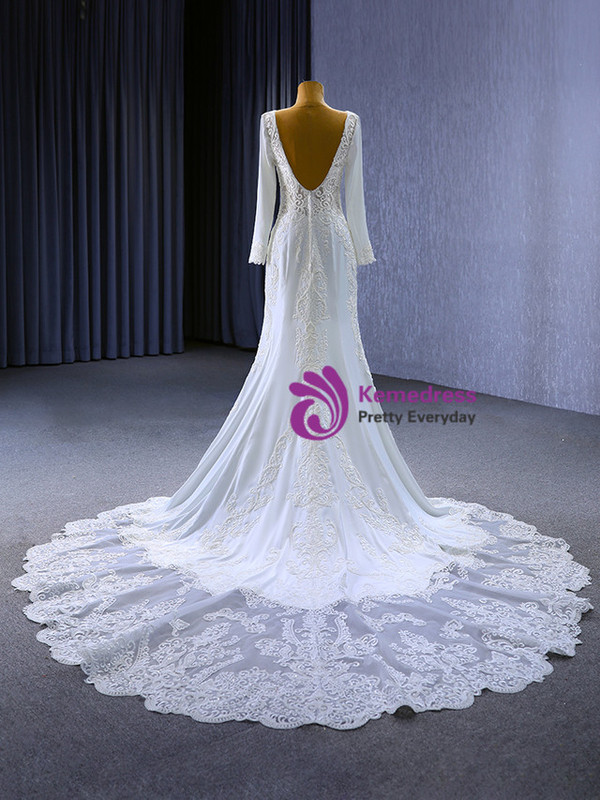 White Mermaid Long Sleeve Backless Lace Wedding Dress