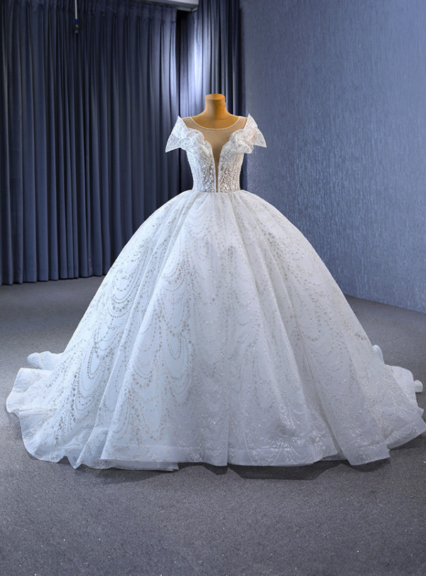White Ball Gown Sequins Beading Cap Sleeve Wedding Dress