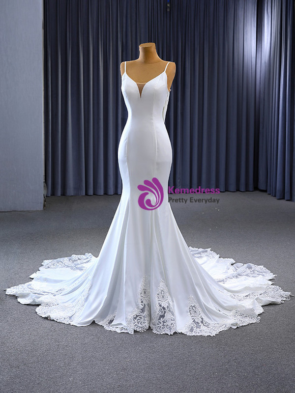 White Mermaid Backless Lace Spaghetti Straps Wedding Dress