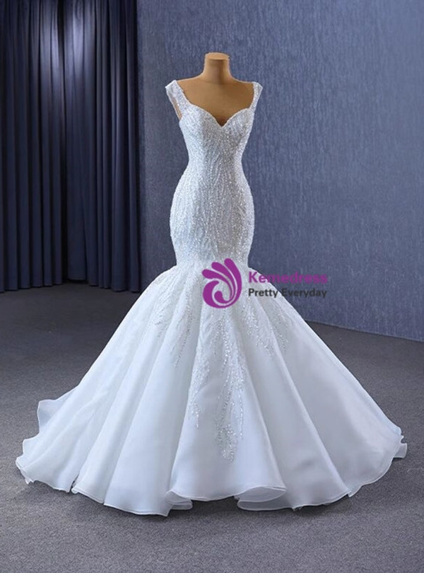White Mermaid Tulle Sequins Strap Wedding Dress