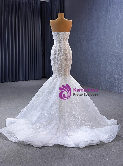 White Mermaid Lace Strapless Pearls Wedding Dress
