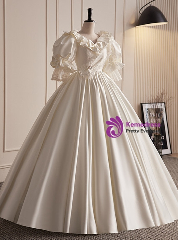 Vintage White Satin Lace Puff Sleeve Wedding Dress