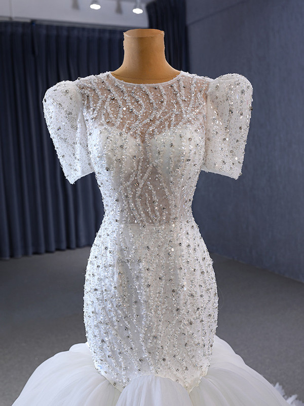 White Mermaid Tulle Sequins Short Sleeve Beading Wedding Dress