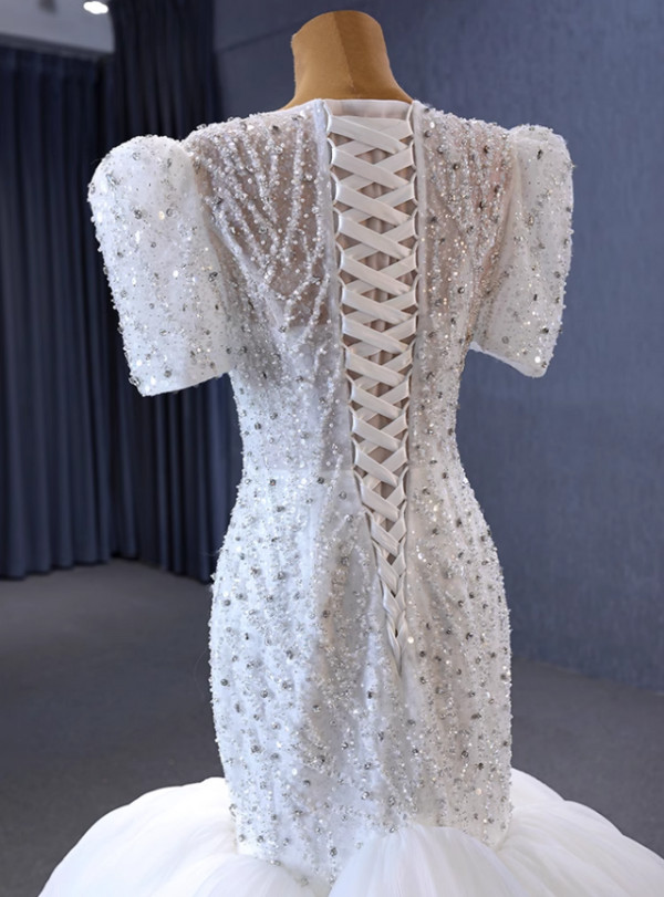 White Mermaid Tulle Sequins Short Sleeve Beading Wedding Dress