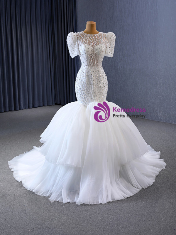 White Mermaid Tulle Sequins Short Sleeve Beading Wedding Dress