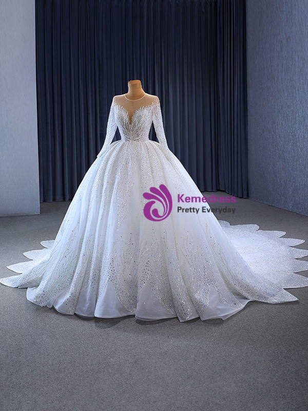 White Tulle Sequins Long Sleeve Wedding Dress With Long Train