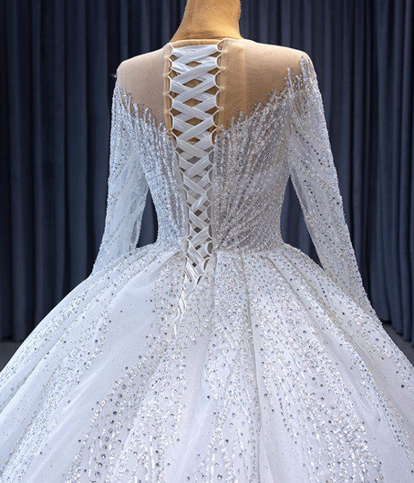 White Tulle Sequins Long Sleeve Wedding Dress With Long Train
