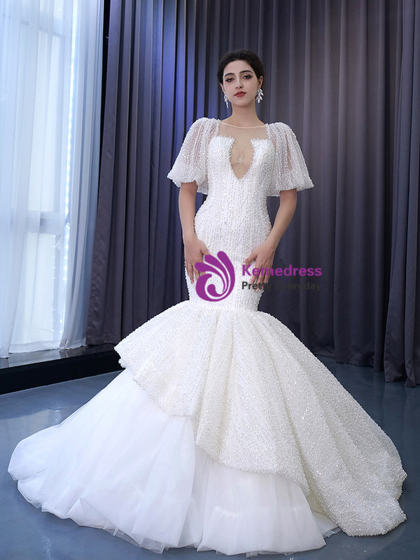 White Mermaid Tulle Sequins Puff Sleeve Wedding Dress