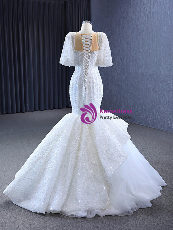 White Mermaid Tulle Sequins Puff Sleeve Wedding Dress