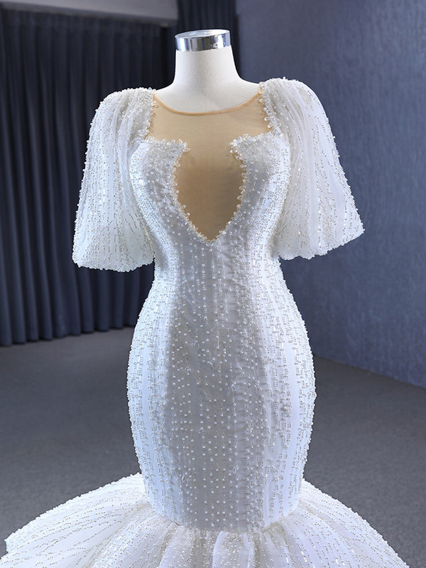 White Mermaid Tulle Sequins Puff Sleeve Wedding Dress