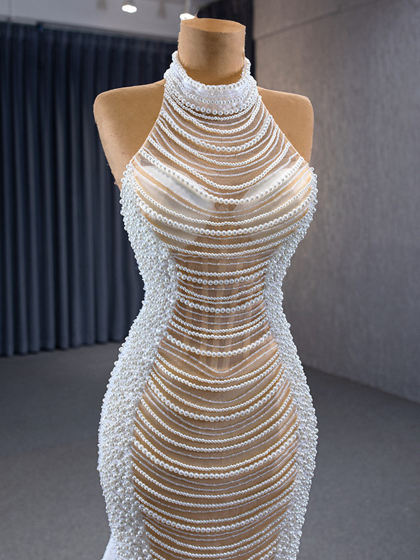 White Mermaid Halter Sequins Pearls Wedding Dress