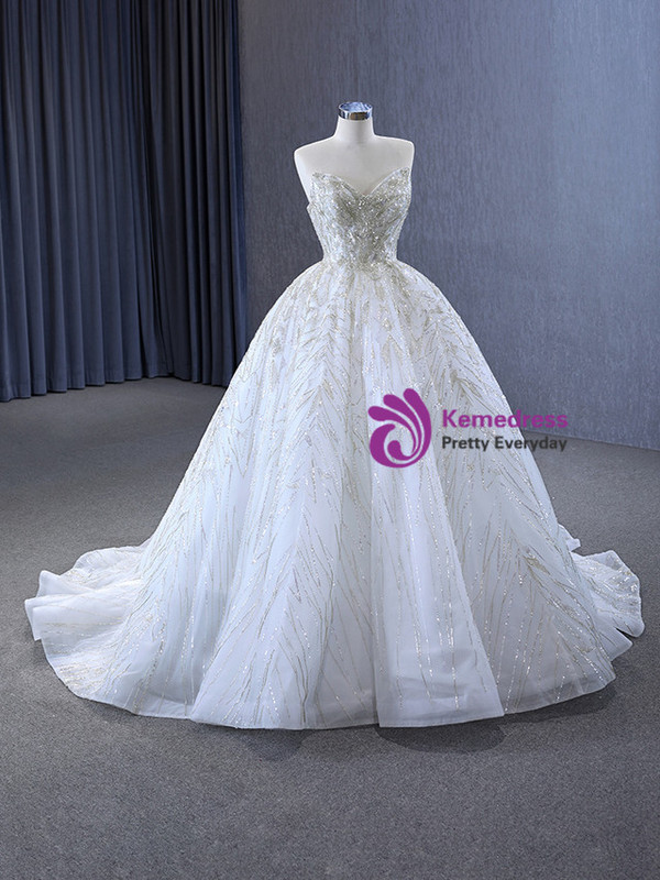 White Tulle Sweetheart Beading Sequins Wedding Dress