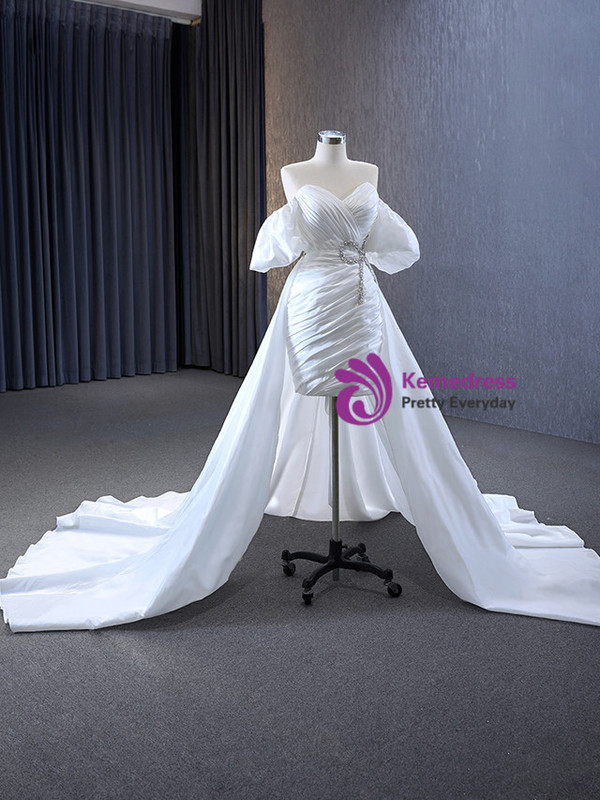 White Satin Sweetheart Wedding Dress Detachable Train