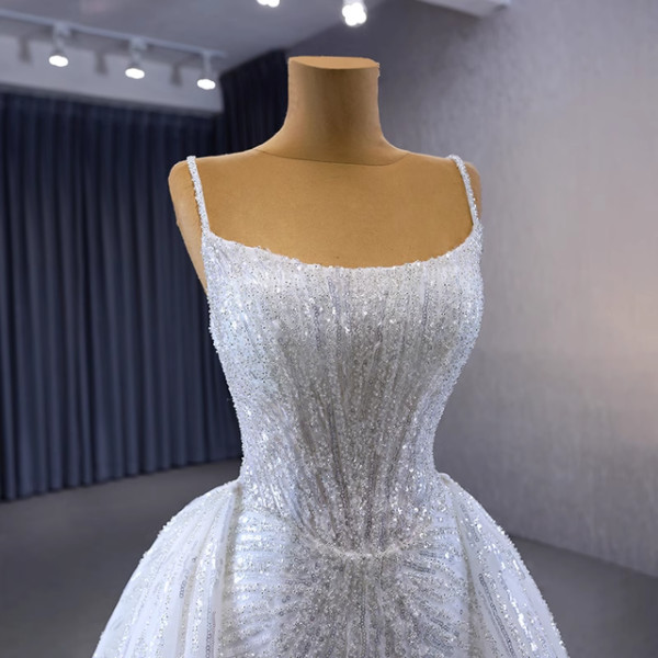 White Mermaid Sequins Straps Wedding Dress Detachable Train