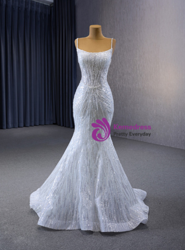 White Mermaid Sequins Straps Wedding Dress Detachable Train