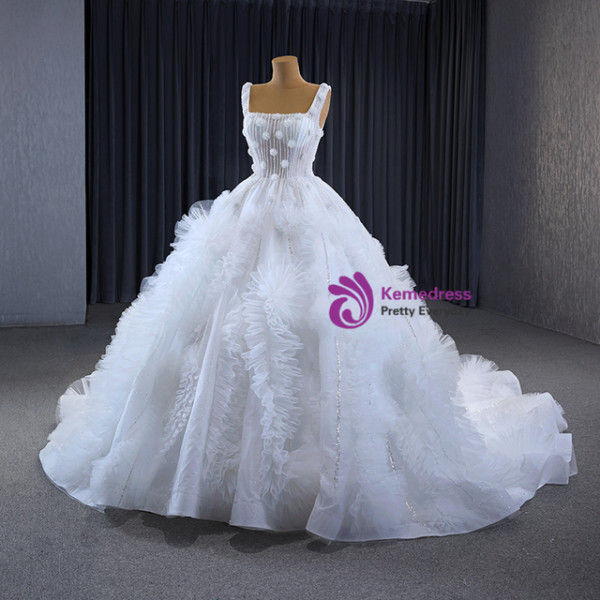 White Ball Gown Strps Beading Sequins Wedding Dress 