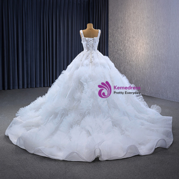 White Ball Gown Strps Beading Sequins Wedding Dress 