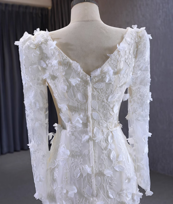 Ivory Mermaid Long Sleeve 3D Flower Wedding Dress