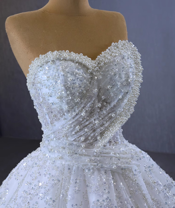 White Ball Gown Sweetheart Sequins Pearls Wedding Dress