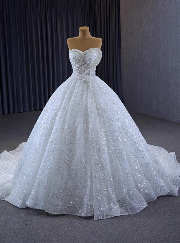 White Ball Gown Sweetheart Sequins Pearls Wedding Dress
