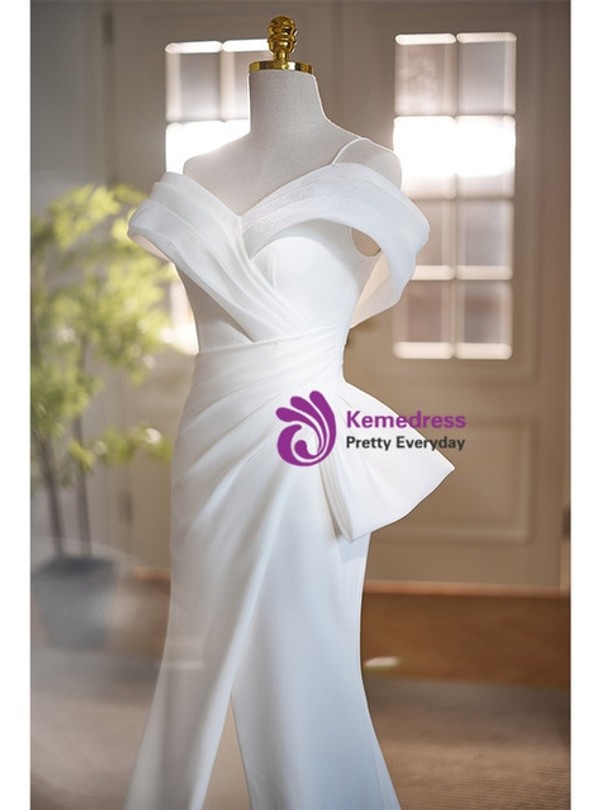 White Mermaid Off the Shoulder Pleats Split Wedding Dress