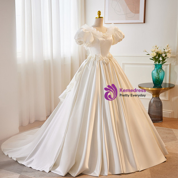 A-Line White Satin Puff Sleeve 3D Flower Wedding Dress