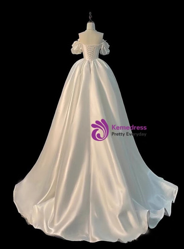 White Satin Off the Shoulder Flower Wedding Dress