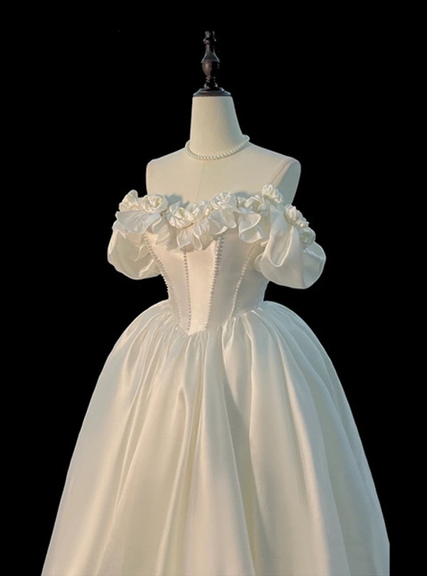White Satin Off the Shoulder Flower Wedding Dress