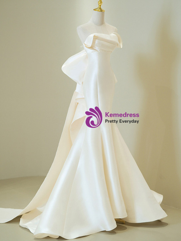 Sexy Ivory Satin Strapless Pleats Bow Wedding Dress