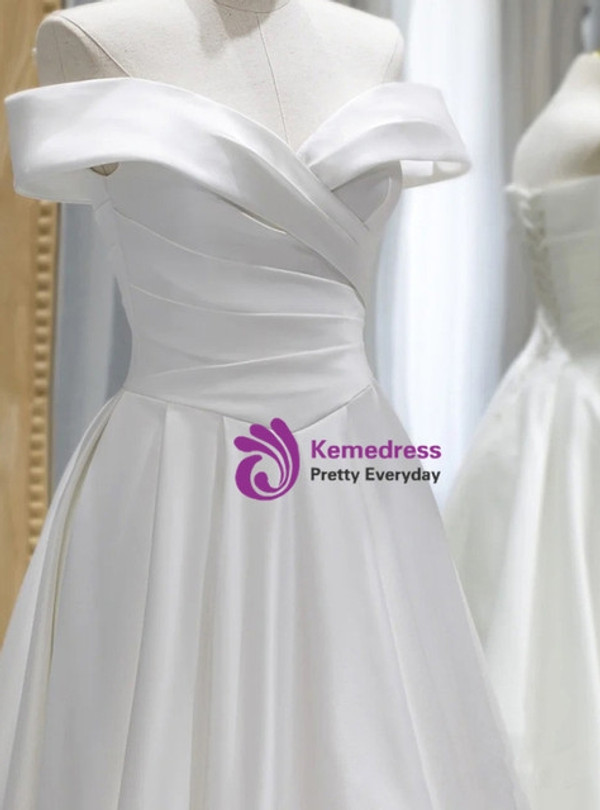 White Satin Pleats Off the Shoulder Wedding Dress