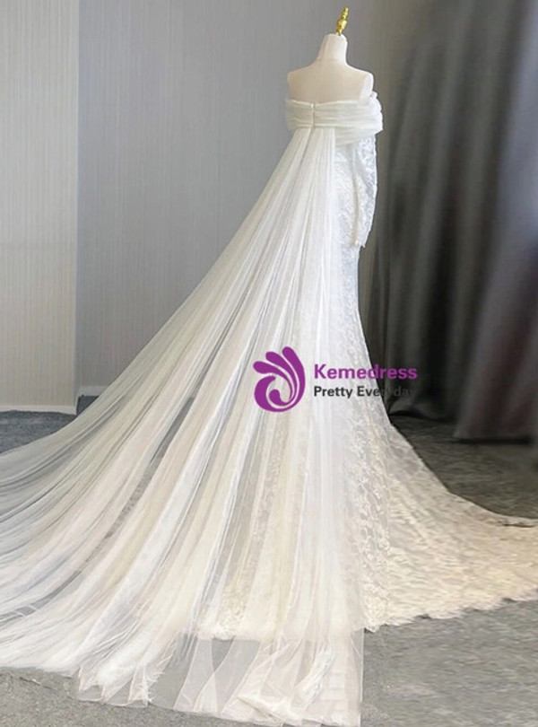 White Mermaid Lace Tulle Off the Shoulder Long Sleeve Wedding Dress