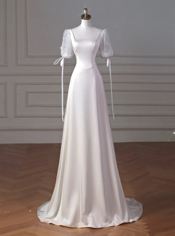 White Satin Square Neck Short Sleeve Wedding Dress