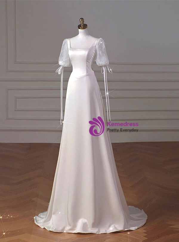 White Satin Square Neck Short Sleeve Wedding Dress