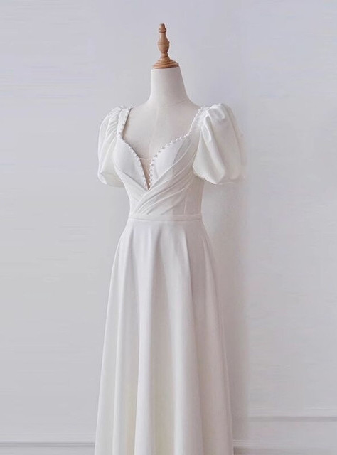 White Satin Square Puff Sleeve Pearls Wedding Dress